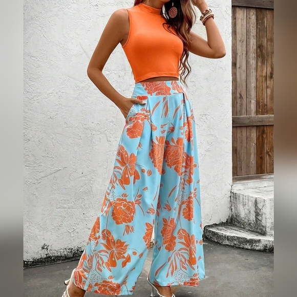 Stand Collar Vest And Floral Print Wide Leg Pants Casual Two-Piece Set - Picture 5 of 5